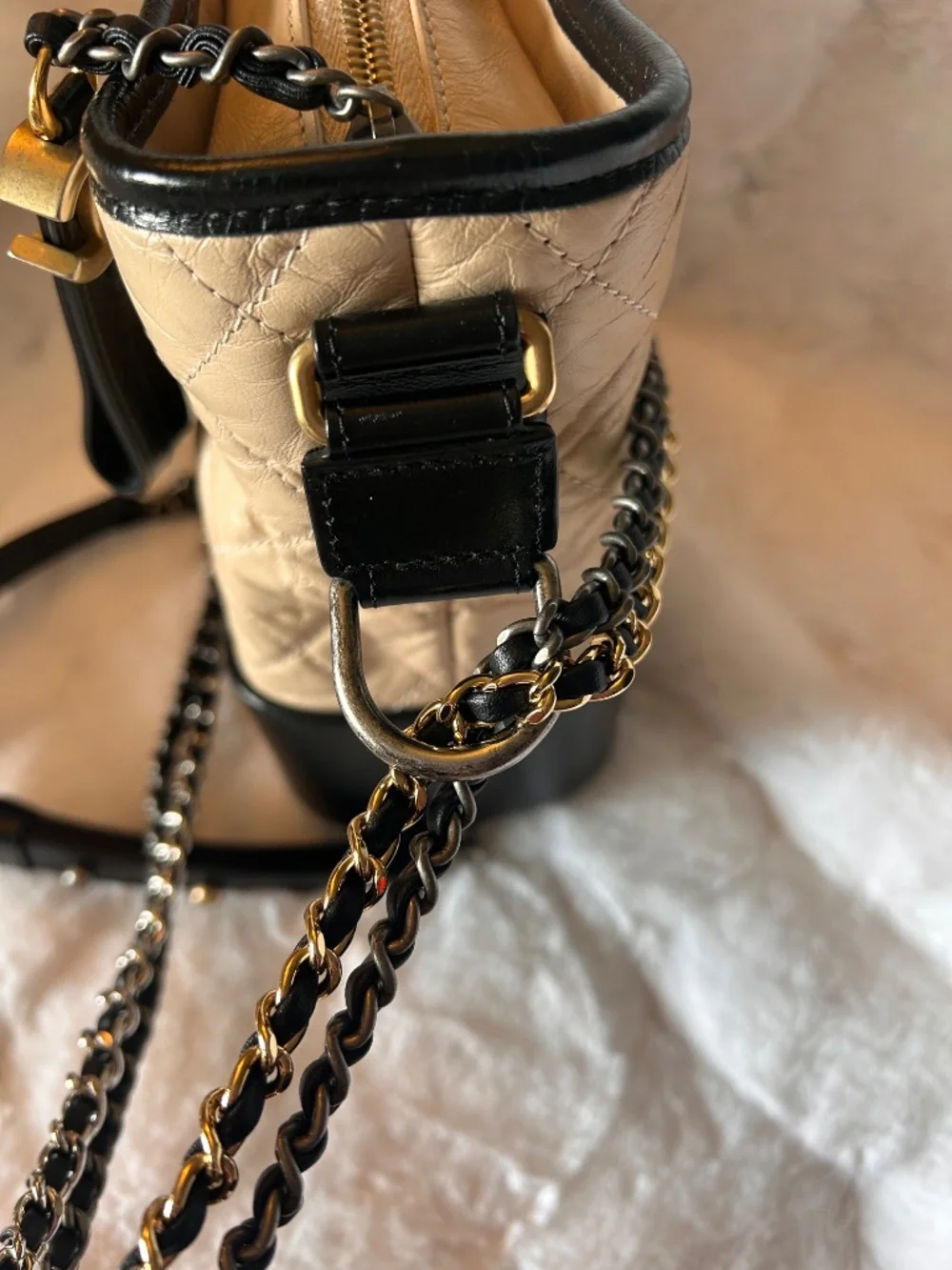 Chanel Gabrielle Quilted Aged Calf Leather, M, Beige and Black